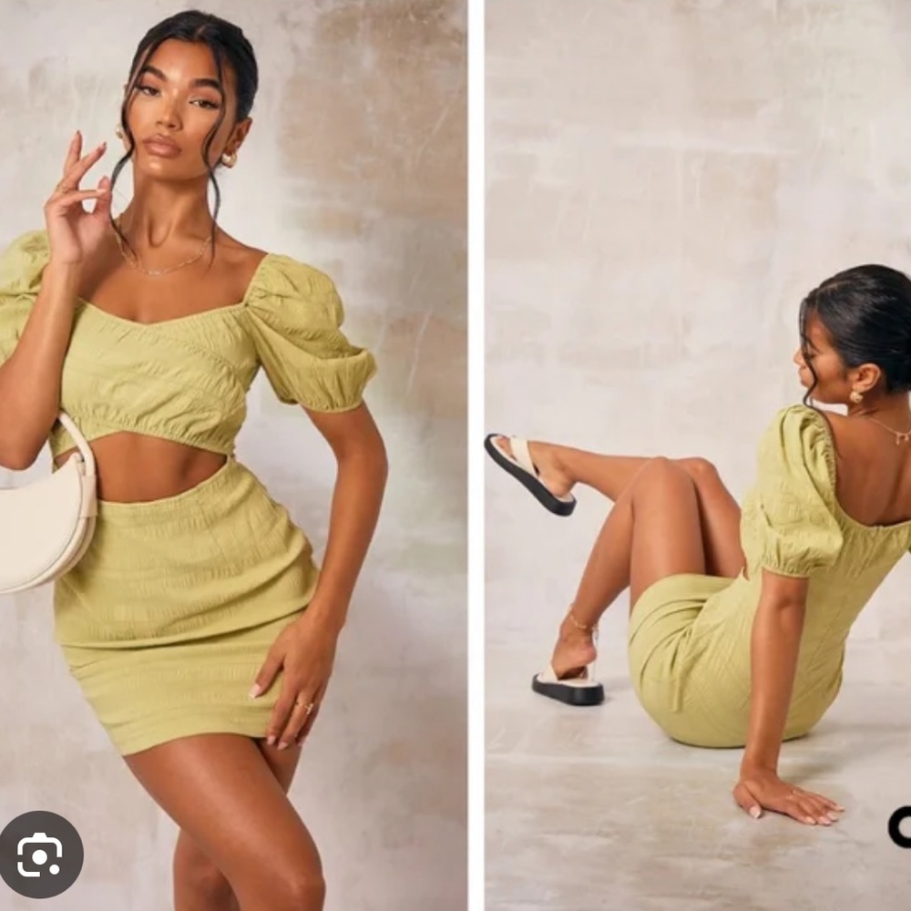 PLT Lime Textured Linen Cut Out Puff Sleeve Shift Dress
